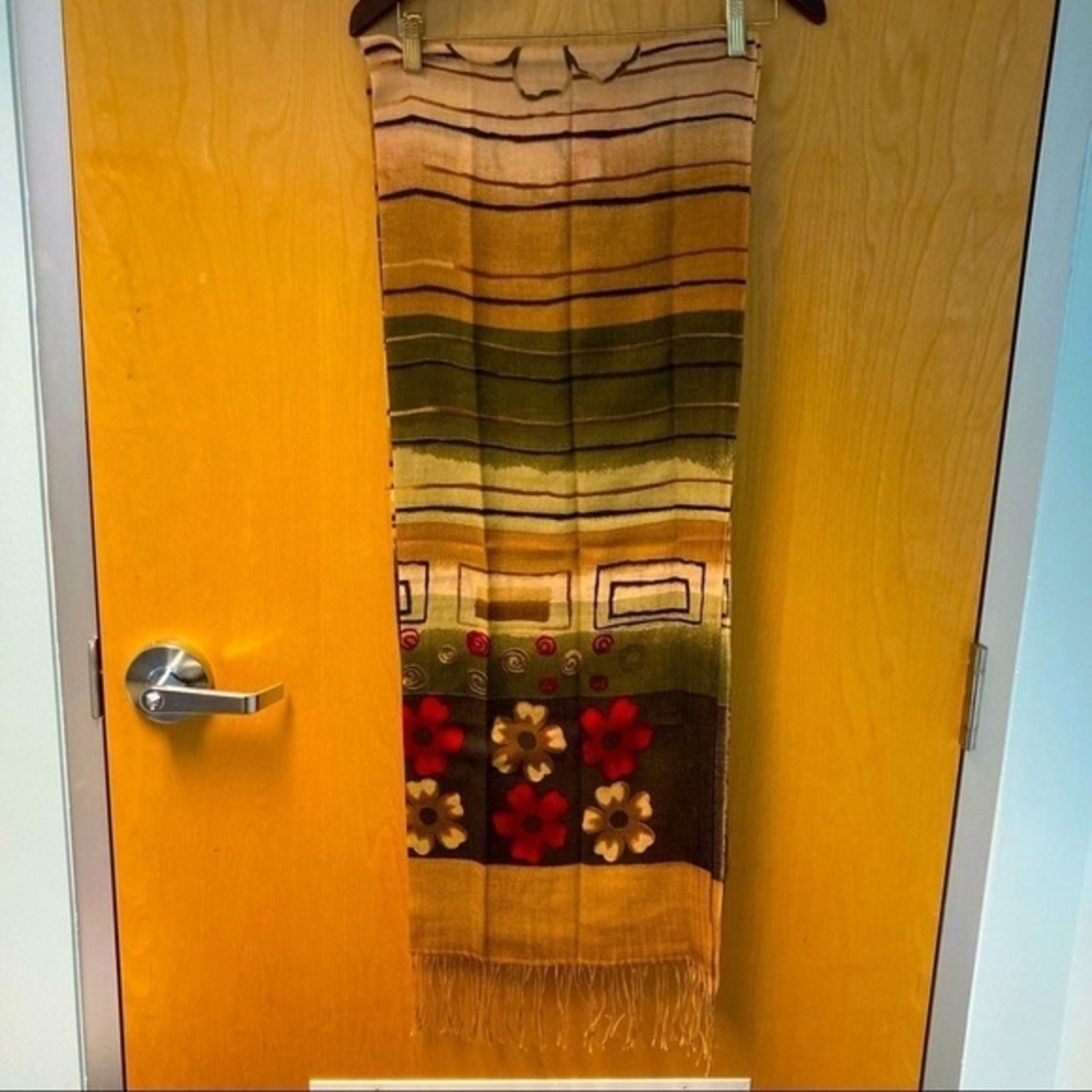Striped Floral Boho Scarf - Mustard, Olive & Red